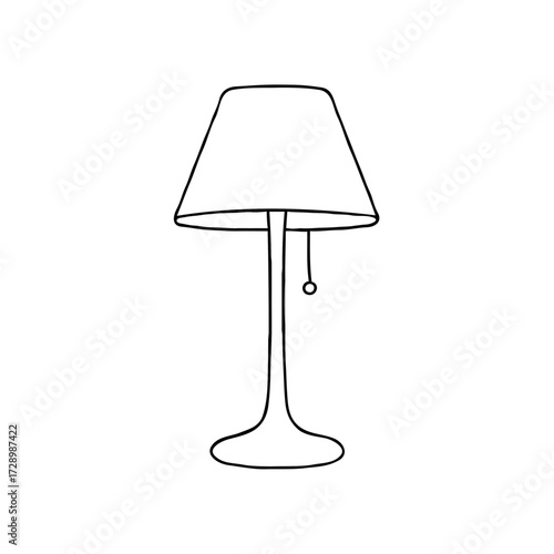 Table lamp illustration with pull chain in minimalist black line art style on white background. Ideal for home decor designs, lighting catalogs, or interior illustrations