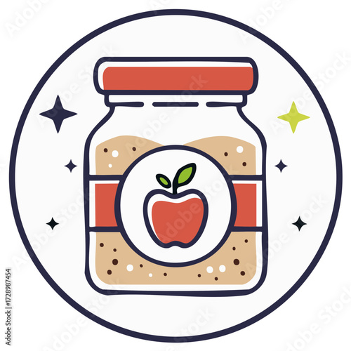 Glass jar filled with homemade apple butter and an apple logo