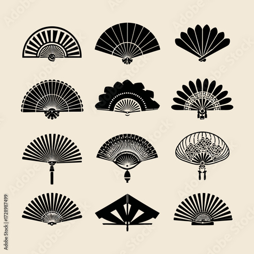 Grid of twelve decorative hand fan illustrations in black on beige background