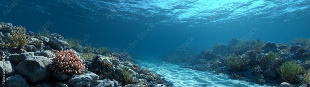 Fototapeta premium Underwater coral reef ecosystem hdri panoramic view ocean depths nature environment