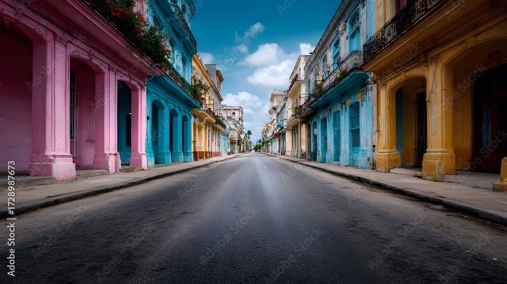 Fototapeta premium A vibrant colorful street lined with historic colonial buildings under a bright blue sky