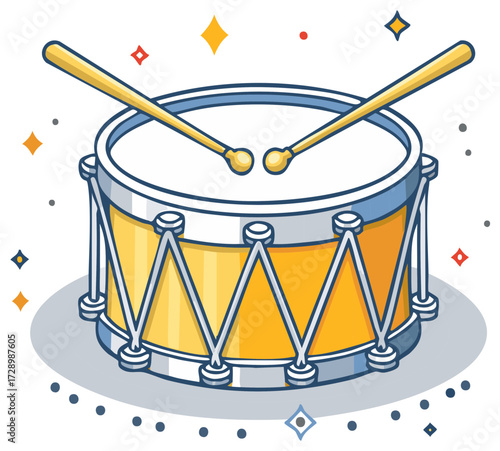 Cartoon illustration of a bright yellow snare drum with drumsticks