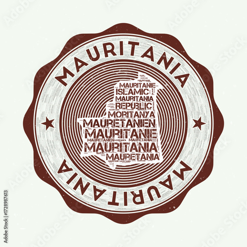 Mauritania seal. Country round logo with shape of Mauritania and country name in multiple languages wordcloud. Astonishing emblem. Amazing vector illustration.