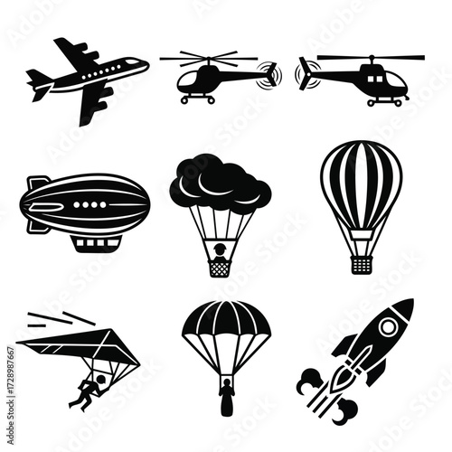 Vector illustration of collection of black silhouette icons for air travel and flight