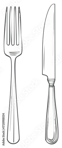 Stylized Fork and Knife Drawing, Outline Illustration of Utensils, Kitchenware, Place Setting