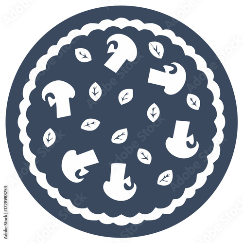 Illustration of a pizza with mushrooms and leaves on a dark background