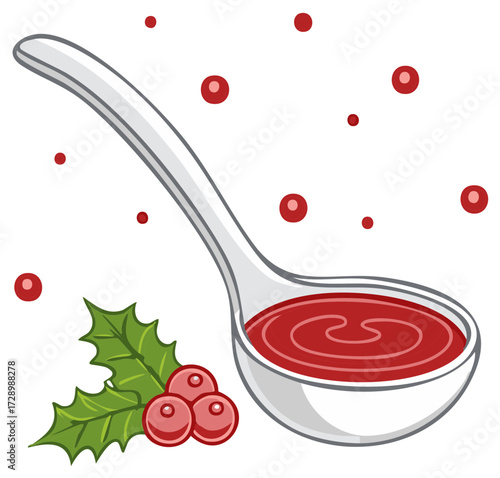 Festive Ladle with Cranberry Sauce, Holly and Berries for Holiday Season Celebration