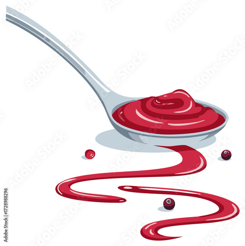 A spoonful of red cranberry sauce or berry jam spilling from a silver spoon with whole berries vector illustration