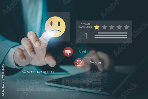 Photography Customer complaints concept with negative feedback, dissatisfaction, bad service reviews, angry client ratings, and poor reputation management issues affecting product and service quality