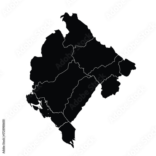 Vector illustration of black silhouette map of montenegro with internal borders