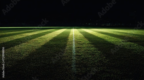 Empty Illuminated Soccer Field at Night