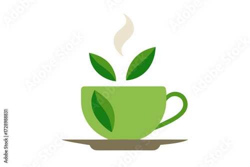 Green tea cup with steaming leaves and aroma