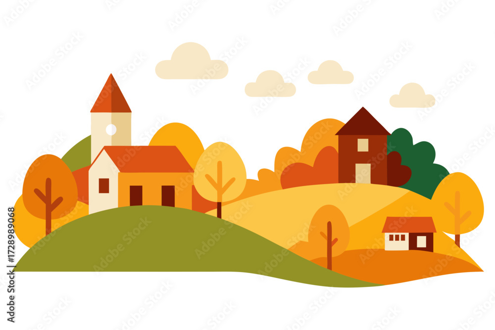 Naklejka premium Charming autumn village with rolling hills and colorful trees