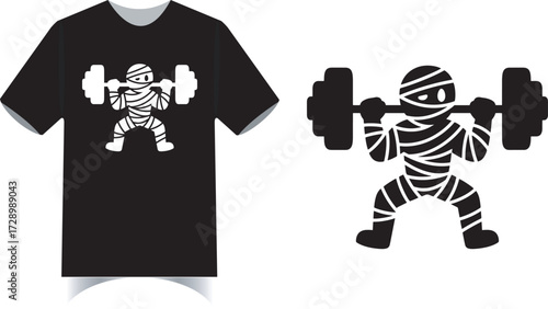 Halloween fitness mummy lifting dumbbells spooky black and white shirt.