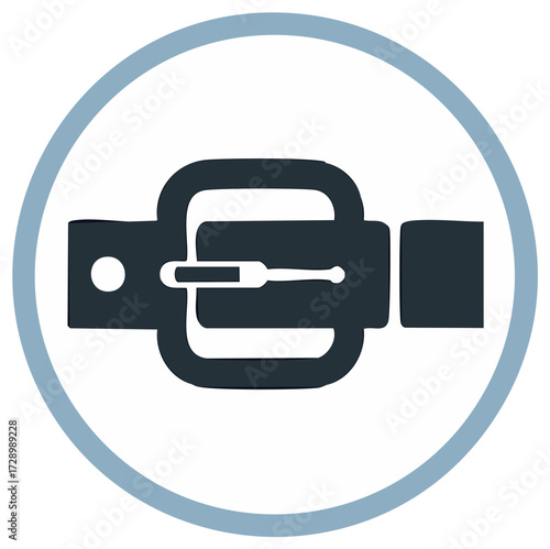 Simple dark grey belt buckle icon with pin and holes in light blue circle