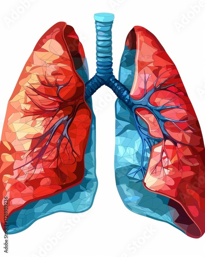 Detailed Educational Illustration of Inflamed Lungs and Bronchi Highlighting Bronchitis Symptoms