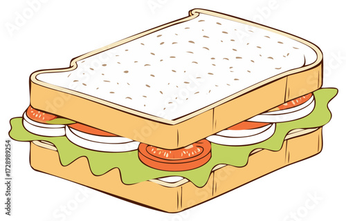 Isometric sandwich illustration with tomato, lettuce and onion filling on white bread slices