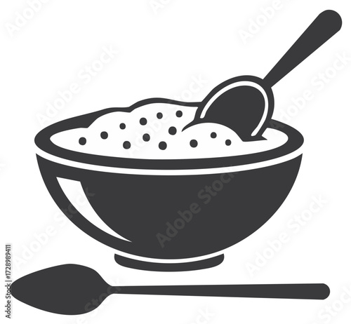 Simple Black and White Icon of a Bowl of Cereal with Two Spoons