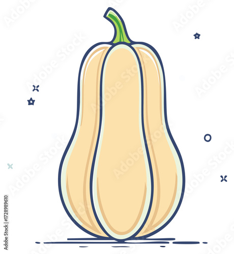 Stylized butternut squash illustration with a green stem and festive stars