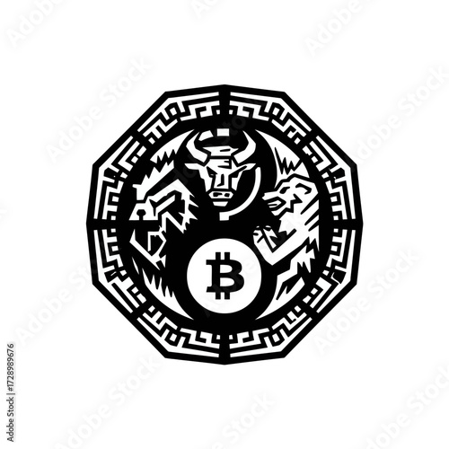 Abstract vector design of bull, dragon and bear with coin, crypto logo