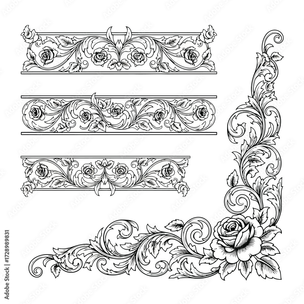Fototapeta premium Vector illustration of ornate scrollwork and floral decorative elements