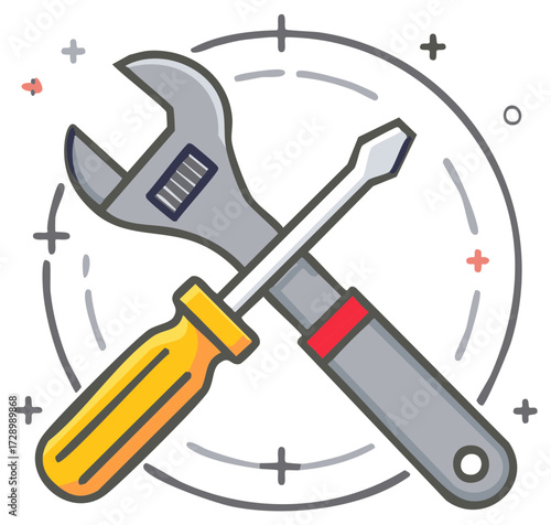 Crossed Adjustable Wrench and Screwdriver Tools Icon for Repair and Maintenance Services