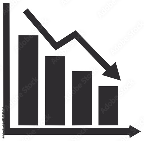 Declining bar chart with a downward arrow icon representing financial loss, crisis, and failure