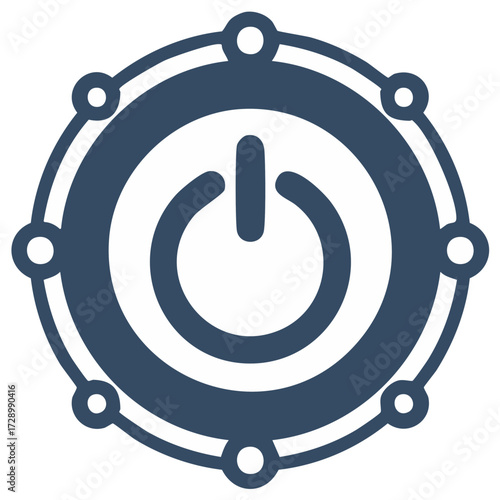 Round power button surrounded with connected spheres, energy symbol, start function, simple vector illustration