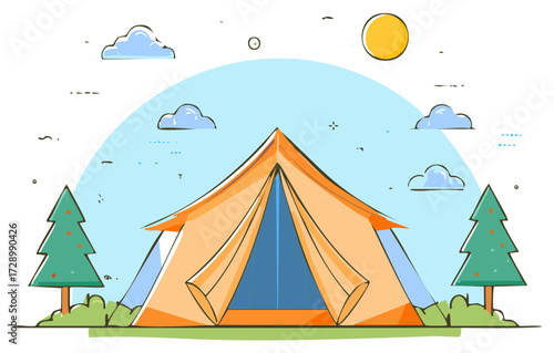 Cartoon illustration of camping tent with trees, clouds, and the sun in the blue sky