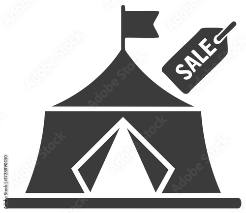 Circus Tent Silhouette Icon Featuring a Sale Tag for Special Offer