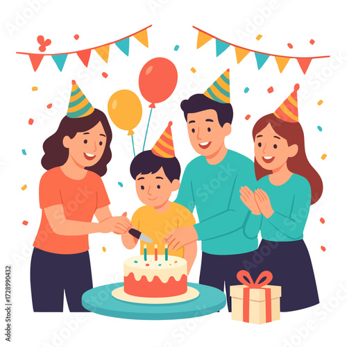  "Indoor family birthday party illustration with parents, child, and cake."