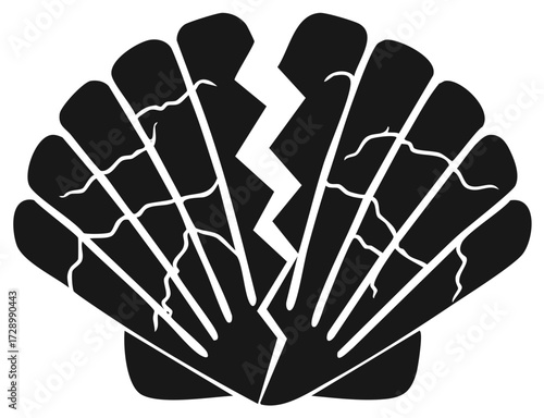 Simple silhouette icon of a cracked and broken seashell split in two