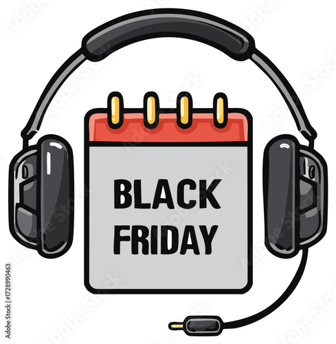 Cartoon Black Friday Calendar with Headphones Holiday Shopping Concept