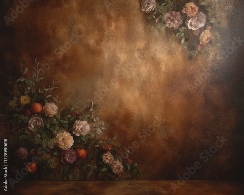 Brown studio background with floral borders. Canvas background on the wall and on the floor with a soft transition.