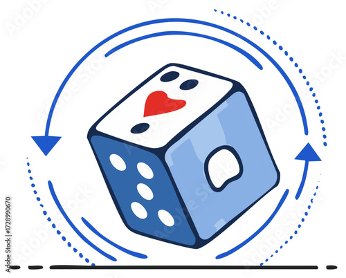 Cartoon die with a red heart icon representing luck love and chance spinning in a repetitive cycle