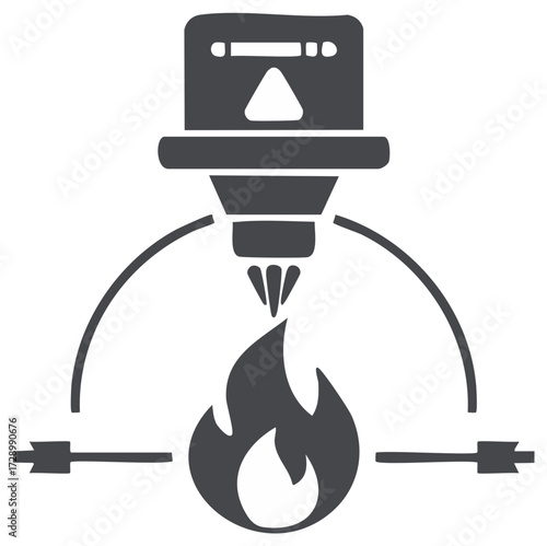 Industrial laser cutter icon, with flame and connected lines, vector illustration isolated.