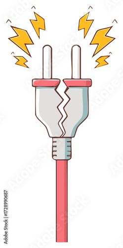Broken electrical power plug with lightning symbols representing danger and failure