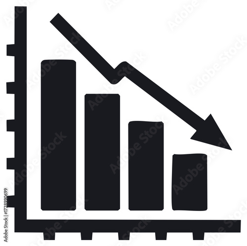 A Bar Graph Illustrating a Downward Trend with Arrow, Displaying Decrease, Decline, and Recession in Black Color, Isolated on White Background