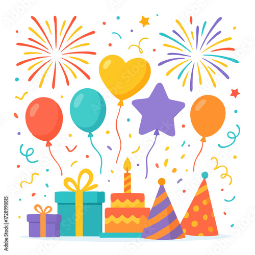 Festive birthday cake with balloons, fireworks, and party hats in colorful flat illustration
