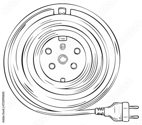 A coiled electric extension cord reel with multiple sockets, line art vector illustration