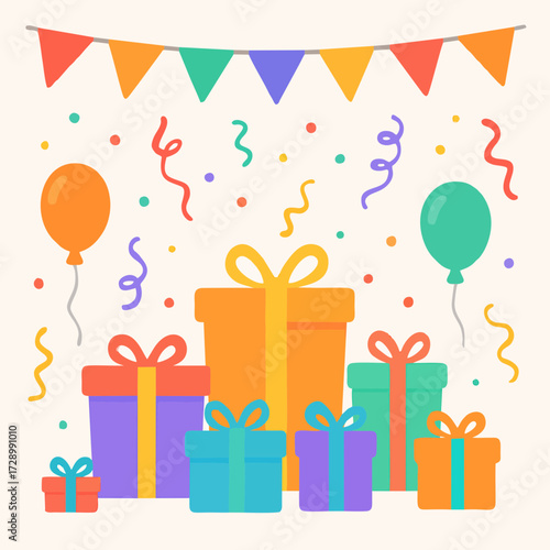 Colorful birthday balloons and wrapped gift boxes with ribbons and confetti.