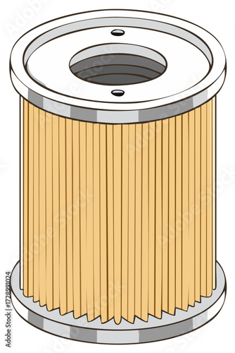 Depiction of automotive or industrial pleated filter, a cylinder shape with top and bottom disc, for filtration purposes and vehicle maintenance
