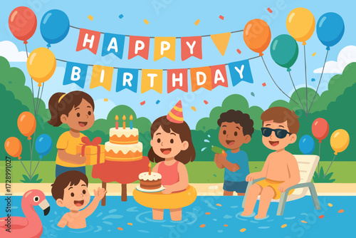 Kids and friends celebrating birthday outdoors with cake, balloons, and swimming pool party.