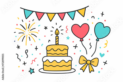Festive birthday cake with candles, balloons, fireworks, and confetti in flat illustration style