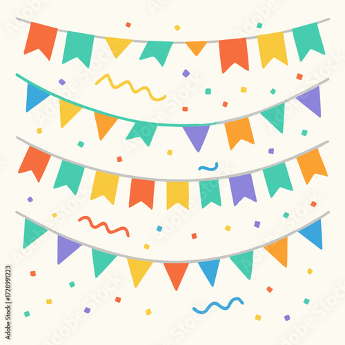 Colorful birthday decoration with bunting flags and confetti.