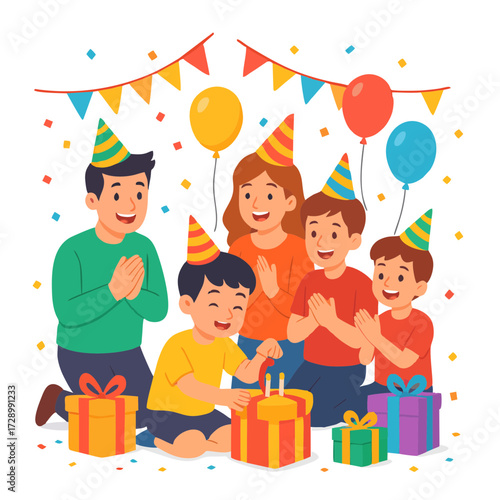 Group of kids celebrating birthday with balloons, cake, and presents.