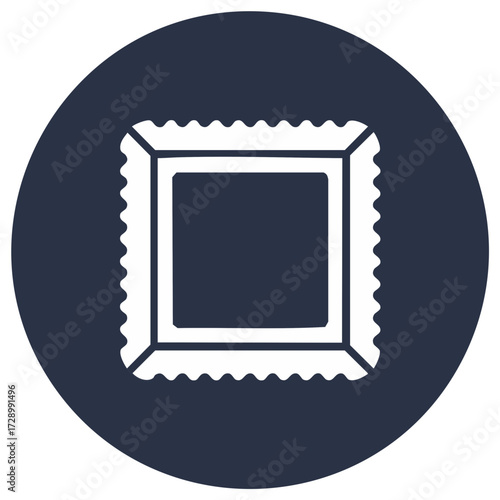 Stylized stamp icon in a circular frame, decorative edges, postal theme, vector design.