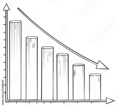 Declining Bar Graph with a Downward Trend Arrow Depicting Economic Recession or Business Failure Risk