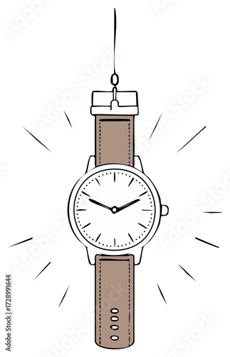 Hand Drawn Watch with Leather Strap Hanging Suspended by a String