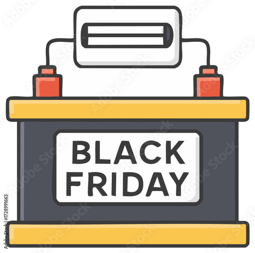 Black Friday car battery graphic. Illustration of a battery and voltmeter with the words Black Friday.